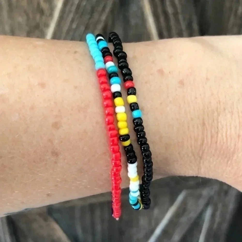 Black, Red, & Turquoise Seed Bead Beaded Stretch 3 Pcs Bracelets